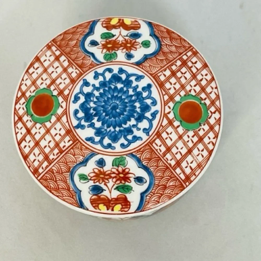 Vintage Japanese Floral Takahashi Round Porcelain Trinket Box Japan Red Blue Exc